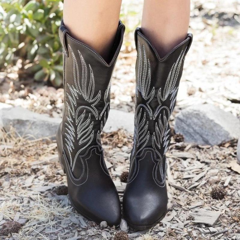 Women Mid Calf Western Boots Cowboy Pointed Toe Knee High Pull On Boots Ladies Fashion Leather Motorcycle Boots Botas Mujer