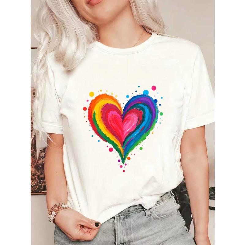 Oversize Women's Short-Sleeve T-Shirt with Rainbow Brushstroke Heart and Colorful Ink Spot Print