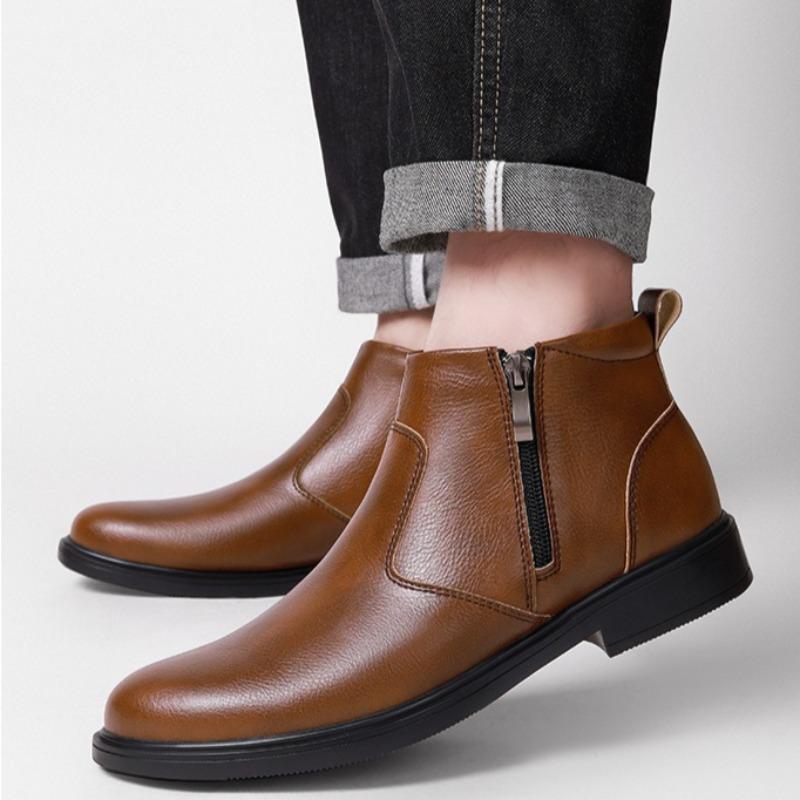 Fashion Men's High Top Leather Boots Classic Casual Ankle Boots Side Zip Cowhide Short Boots Plush Warm Winter Boot Men's Business Botas
