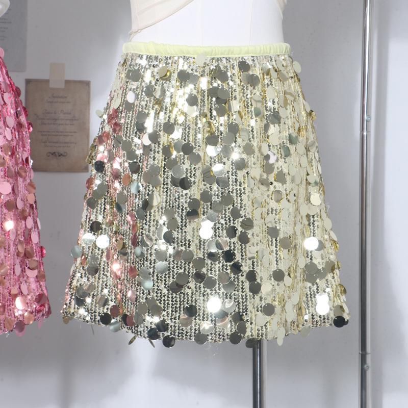 

High Waist Shiny Sequin A-Line Mini Skirt - Party Wear One Size золотий