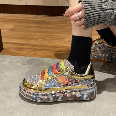 Nuove Scarpe Casual Primaverili Graffiti con Strass da Donna Moda Scarpe Sportive Versatili con Suola Spessa da Esterno Antiscivolo Scarpe Basse