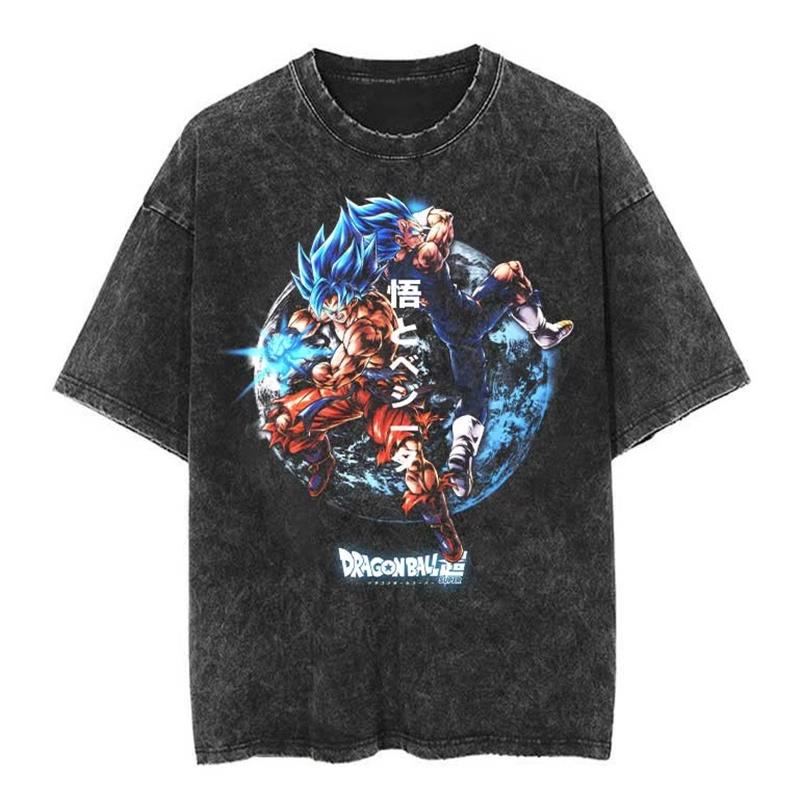 T-shirt a maniche corte lavata effetto invecchiato Giapponese Classico Dragon Ball Goku Cartone Animato Anime Oversize High Street Vintage Uomo e Donna