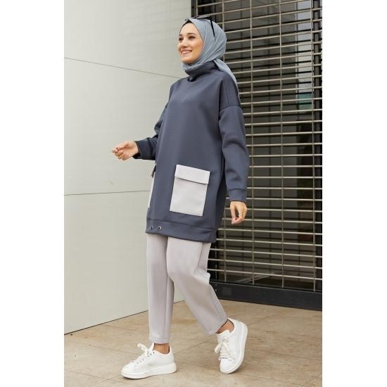 Costume islamice pentru femei, cu buzunar supradimensionat, cu talie elastică, hijab, costum casual și confort