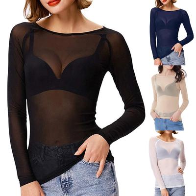 Women See-Through Long Sleeve Seamless Arm Shaper Top Mesh Shirt Blouse