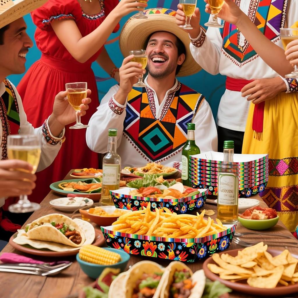 30 Pack Fiesta Mexican Food Trays, Floral and Serape Stripe Design Disposable Paper Serving Containers Boats for Taco Nights, Nachos, Fries, Popcorn,