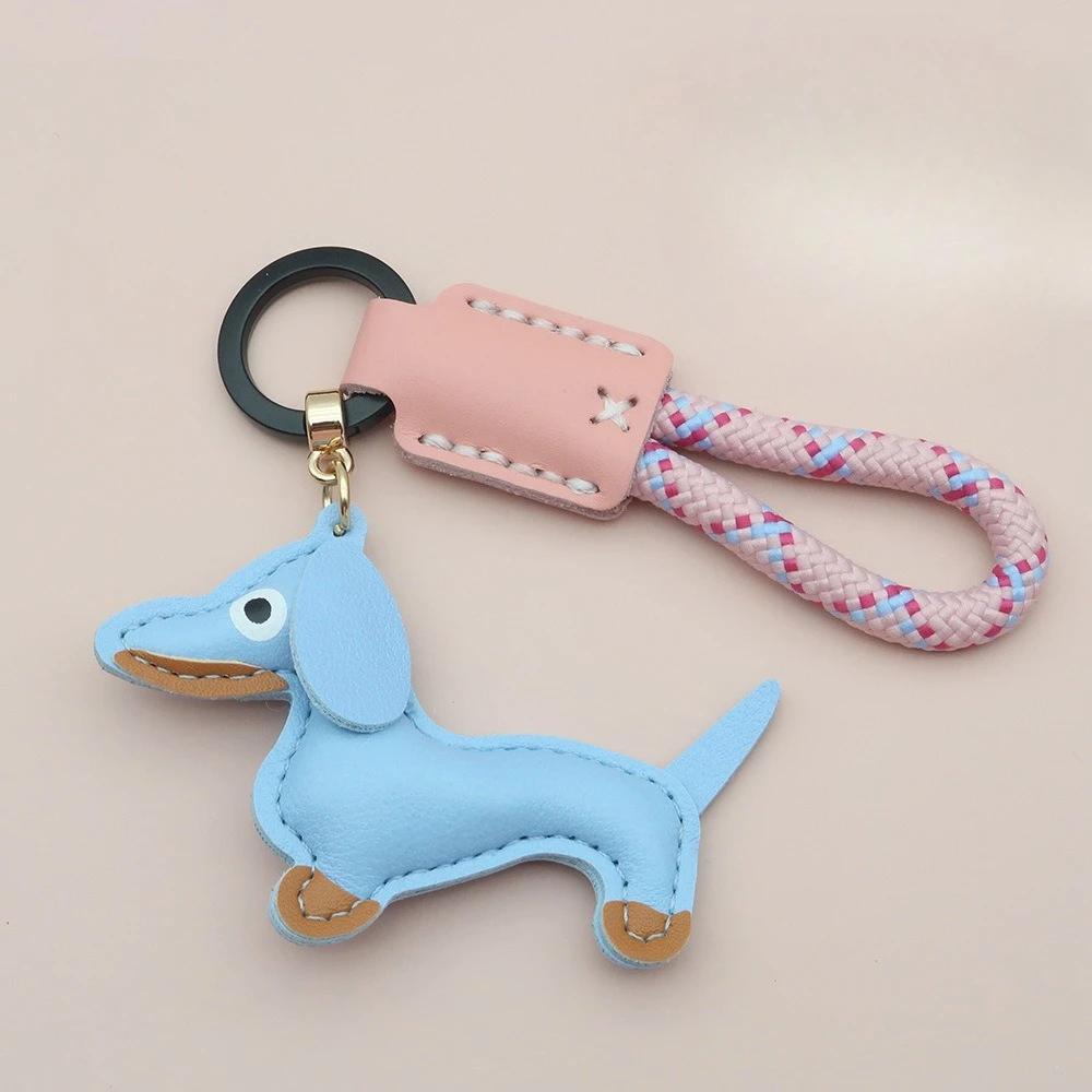 Custom Number Sausage Dog Leather Keychain Pendant Personalized Cartoon Keyring with Braid Rope Bag Car Key Ring