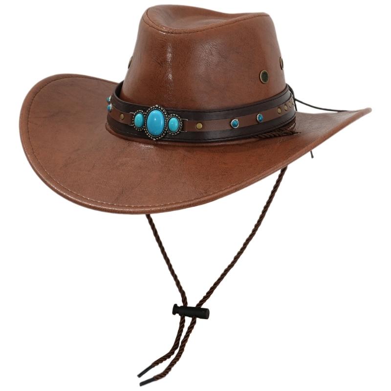 PU Leather Hat Unisex Western Hat Wide Border Hat Sun Protecting Hats Hiking for Western Themed Celebrations