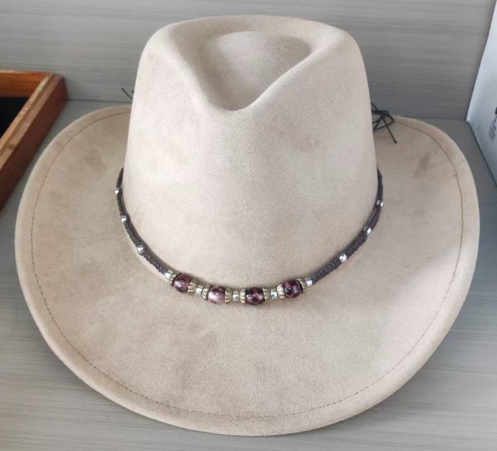 Western Suede Upturned Edge Western Cowboy Hat Men's and Women's Outdoor Travel Hat Rolled Brim Ethnic Style Top Hat Felt Hat
