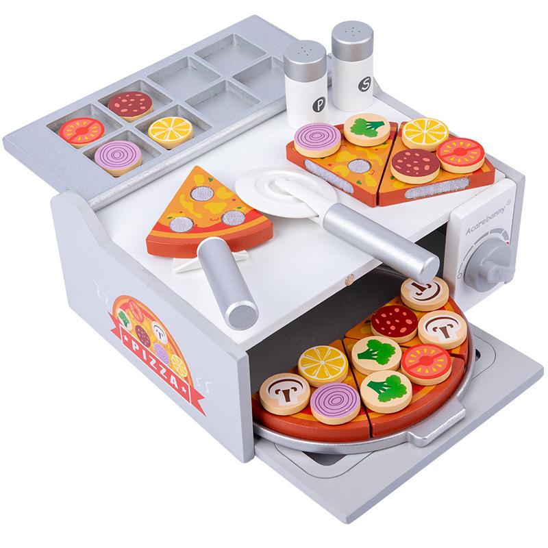 Kids Simulation Food Kitchen Toys Wooden Pizza Cutting Pretend Play House Oven Bbq Rack Set Children Educational Cooking Toys