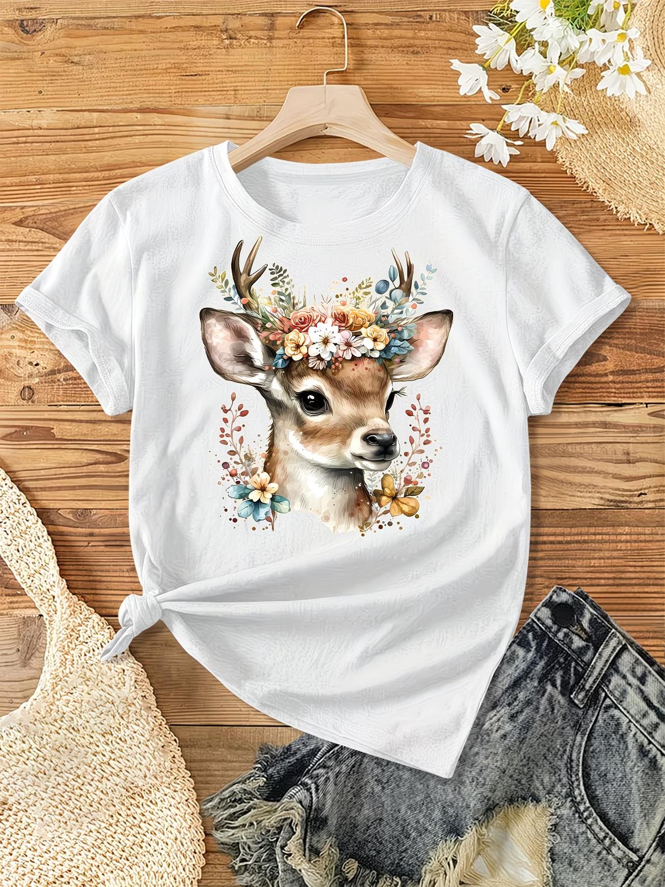 

ShortSleeved RoundNeck TShirt Featuring a Cute Little Deer for WomenS Casual Sports And Fitness Spring Summer Autumn S