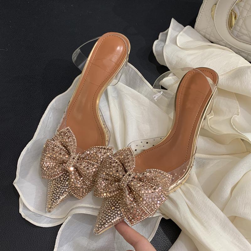 Crystal Bowknot PVC Transparent Women Pumps Champagne Silver Pointed Toe Low Heels Sandals Prom Party Shoes