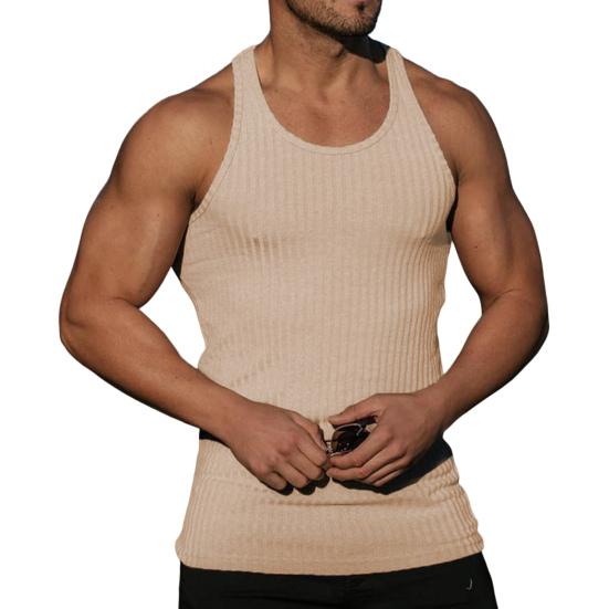 Pánská tílko s kulatým výstřihem, bez rukávů, se zádovým výstřihem, letní, žebrované, jednobarevné, fitness tílko
