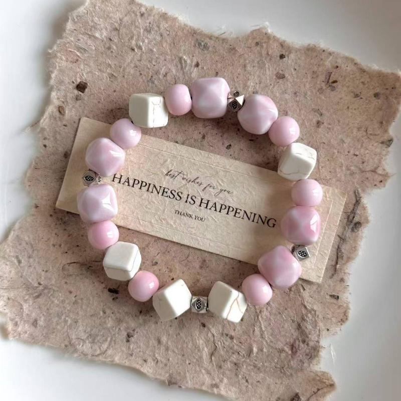 Boho Keramik Perlen Armband für Damen Zartrosa Rund mit Marmor Quadratischen Perlen, Elastisches Dehnbares Design für den Alltag & Geschenk