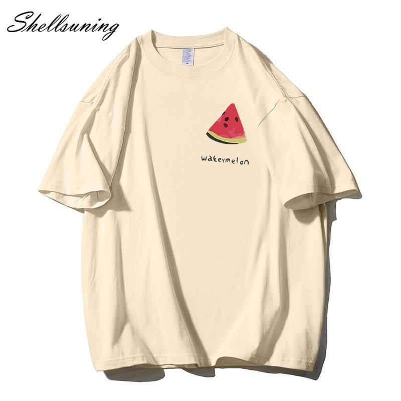 Shellsuning Tricouri casual din bumbac de vară cu decolteu în formă de O Tricouri cu grafic pentru femei drăguț pepene verde pentru femei, simplu, la modă, cu mâneci scurte, topuri fete