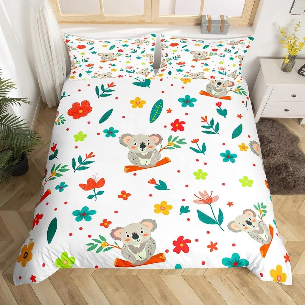 Cute Cartoon Koala Duvet Cover Set Botanical Blossom Floral Comforter Cover Kawaii Wild Animal Koala Bedding Set Twin Queen Size