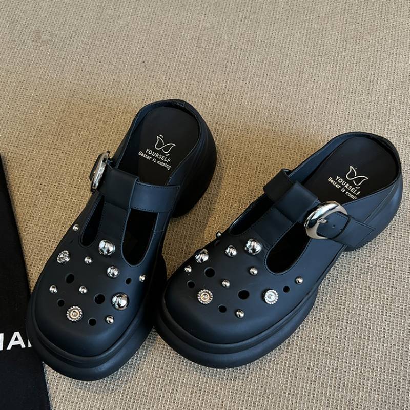 

Sheepskin thick bottom height increase 6cm bag head half slippers women s wear small sandals rivet hole beach slippers 34