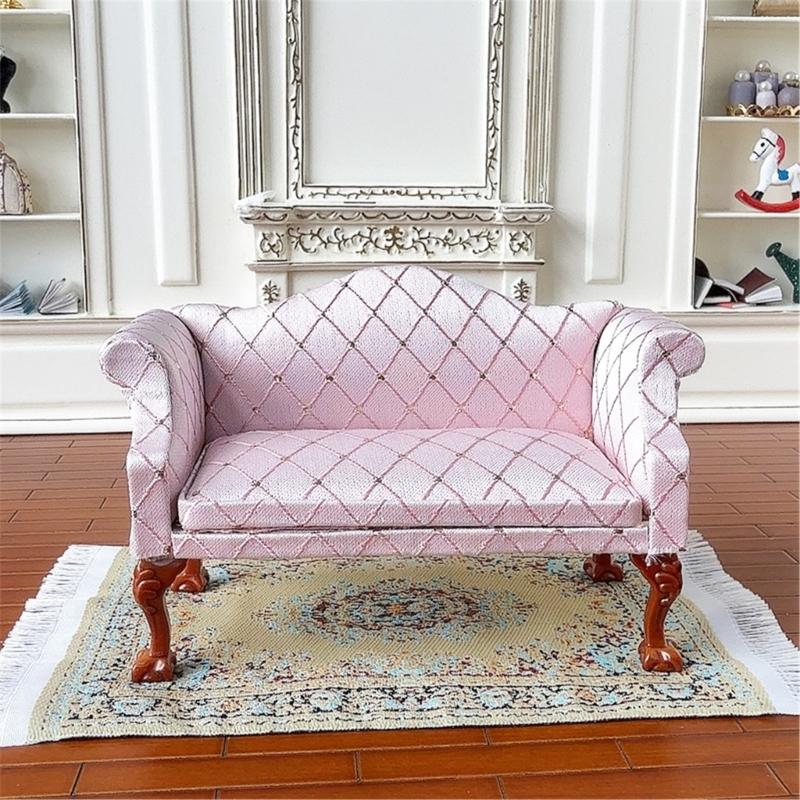 Miniature Pink Quilted Armchair Wooden Doll Furniture 1/12 Scale For Living Room Scene Accessories