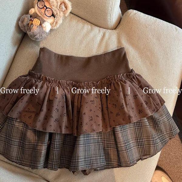 Hot Girl Floral Plaid A-Line Puffy Skirt - Double Layered, High Waist for Autumn/Winter