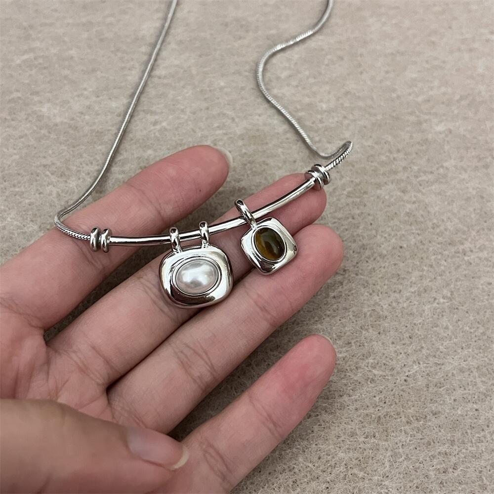 Imitation Pearl Tigereye Stone Pendant Necklaces Geometric Collarbone Necklace Women