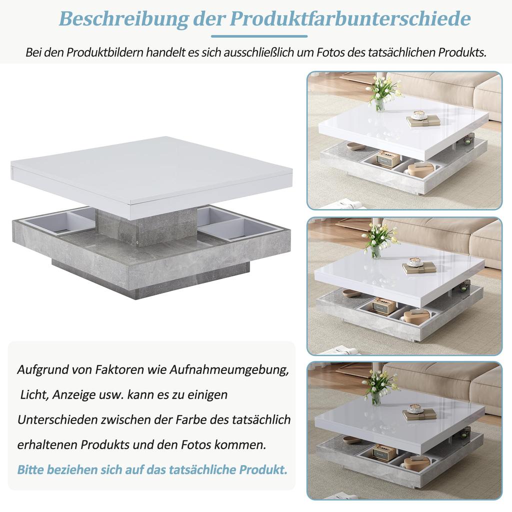 Couchtisch quadratische Drehbarer Moderner verstecktem Ablagefach, kreativer Sofatisch Kaffeetisch Mitteltisch Home Office, Weiß & Marmor