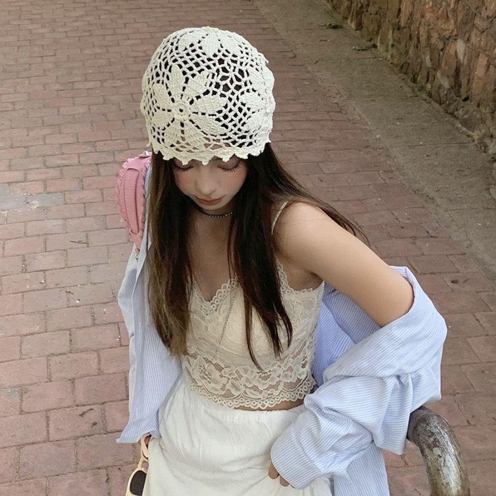 Thin Crochet Flower Hat Bohemian Style Hollow Out Knitted Hat Fashion Weave Cap  Spring and Summer