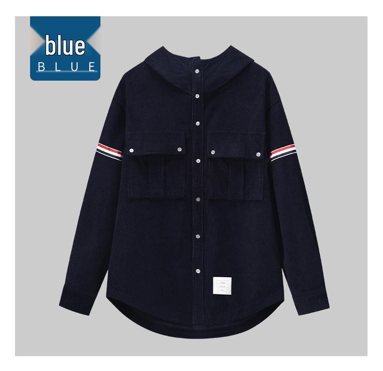 Autumn 2025 Corduroy Hooded Jacket with Red, White & Blue Stripes