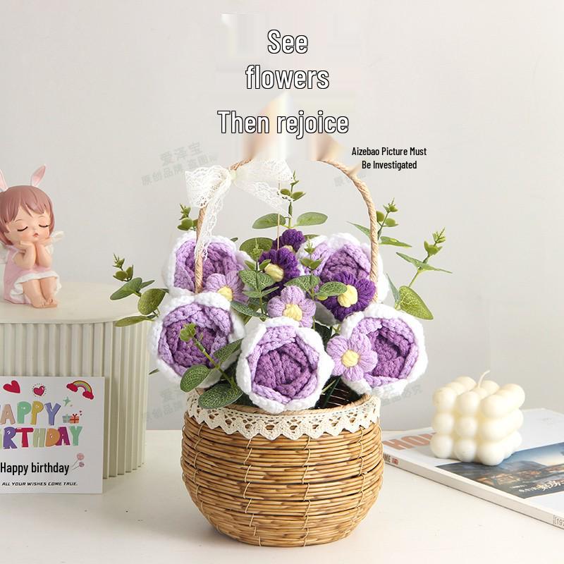 Sonnenblumen Gestrickter Wollstrauß in Handkorb - Geburtstag, Feiertag, Lehrertag, Abschlussgeschenk