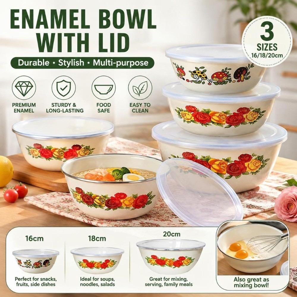 with Lid Enamel Mixing Bowl Chinese Rose Print Instant Noodle Bowl Vintage Enamel Bowl Camping