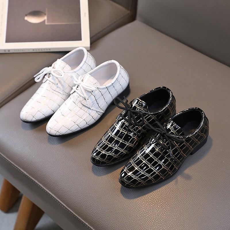 Children Loafers Glossy Lace-up 2024 New Simple Boys Leather Shoes Pointed Toe Versatile Kids Performance Shoe for Party Wedding