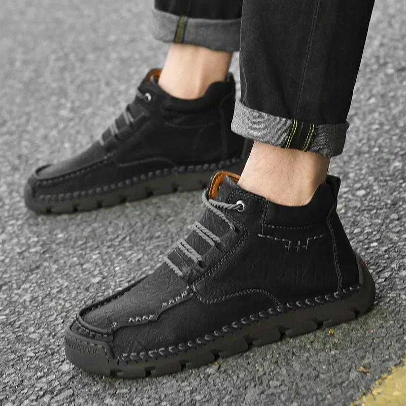 Hiking Shoes for Men Autumn Winter Ankle Snow Boots Optional Plush High-tops Men Shoes Hand Stitched Leather Shoes