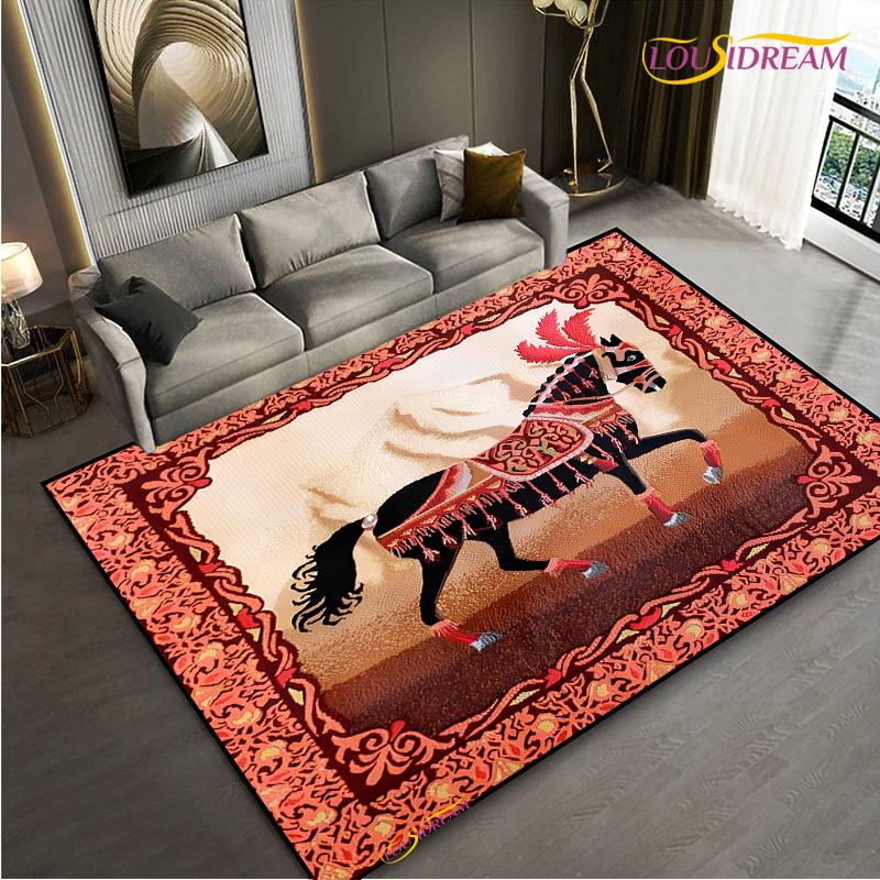 Fashion Ethnic Frame Carpet Horse Home Decor Rectangle Room Rug Black Green Orange Living Room Bedroom Bedside Floor Table Mat