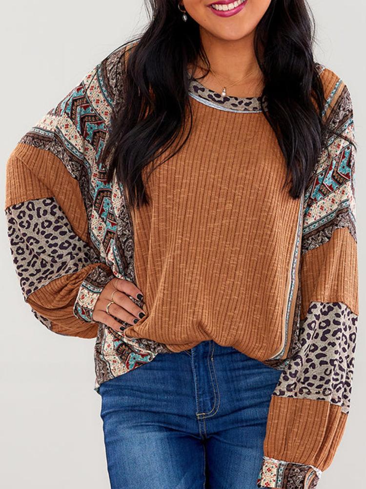 

Женская блузка в полоску и с леопардовым принтом пэчворк с цветочными деталями XL светло-коричневого