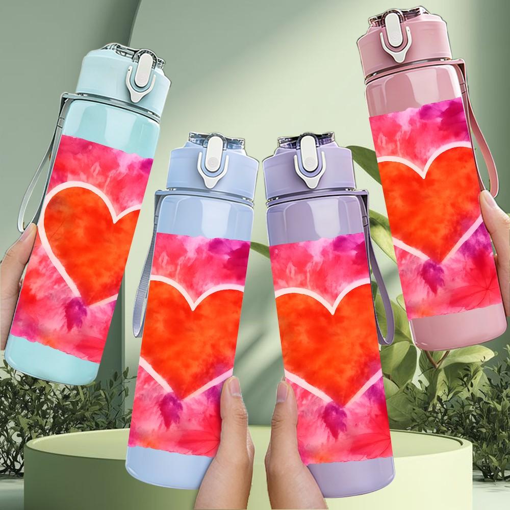 1PC Red Orange Glowing Heart Shape Print 750ml Color Plastic Sports Water Bottle Leakproof Flip Straw Lid Suitable for Sports Office Home Use