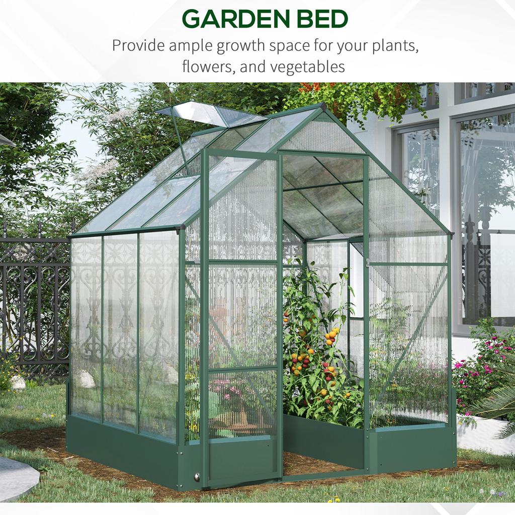 6x6 FT Polycarbonate Greenhouse with Base and Raised Bed, Walk-in Greenhouse with Aluminium Frame, Temperature Controlled Window
