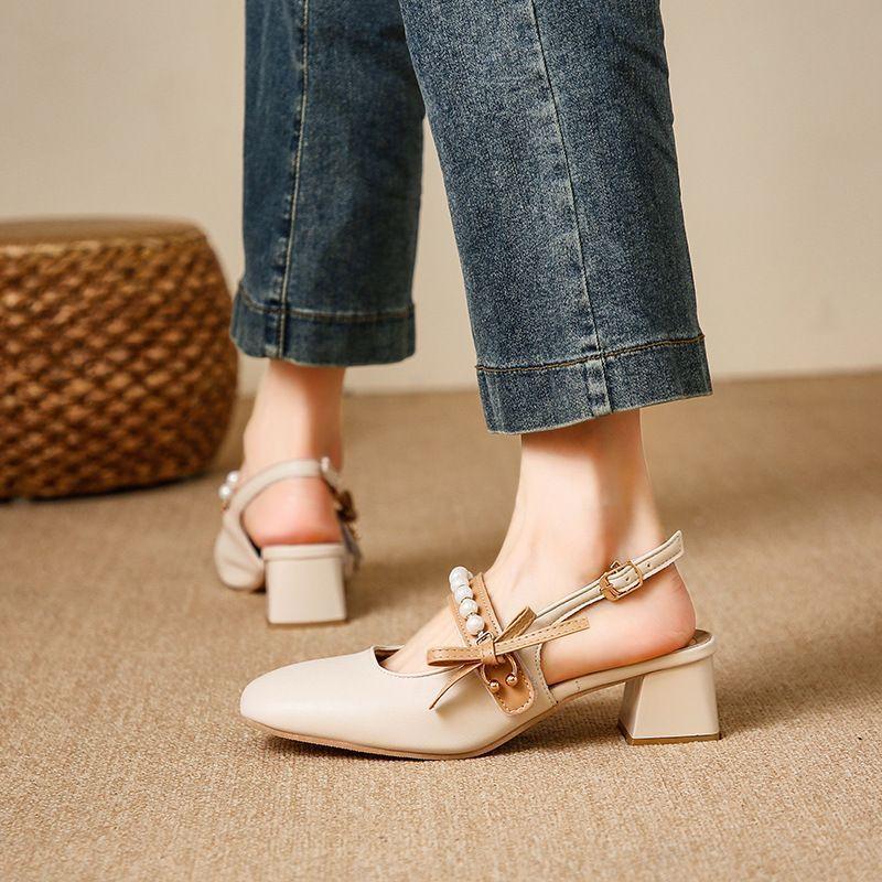Thick Medium Heel Small Fragrant Style Summer New Bag Head Sandals Fairy Style French Rear Empty Single Shoes Mary Jane Shoes Women