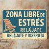 Vintage Spanish Humor Metal Sign Relax Stress Free Rest Area Retro Cafe Bar Decor Turquoise Wall Art