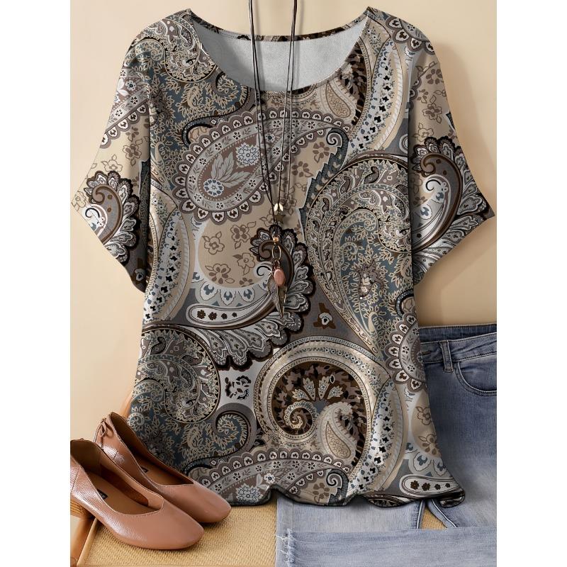 Paisley Pattern Women's 3D Print T-Shirt Ethnic Floral Short Sleeve Round Neck Casual Y2k Top Tees Summer Loose Female Clothing