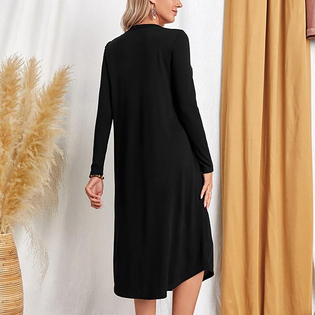 Women's Casual Round Neck Long Sleeve Curved Hem Loose Long Dress With Pocket