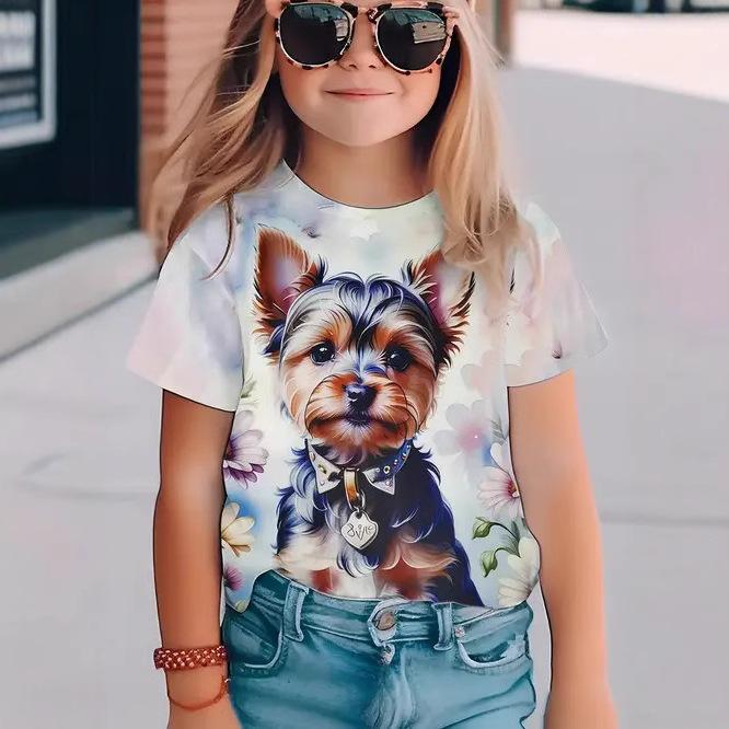 Summer Round Neck 3D Printed Top Fashionable Casual Short Sleeved Children's Girl T-shirts