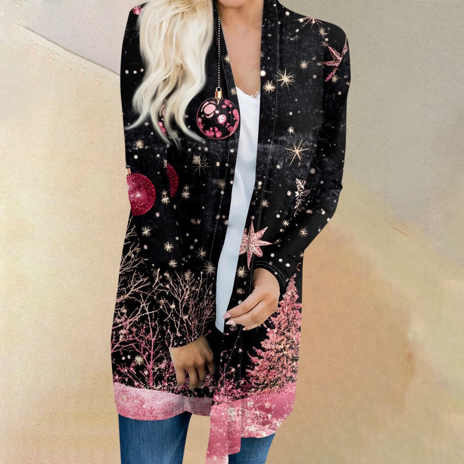 Women s Fashionable And Casual Christmas Printed Mid Length Cardigan Long Sleeved Jacket XXL