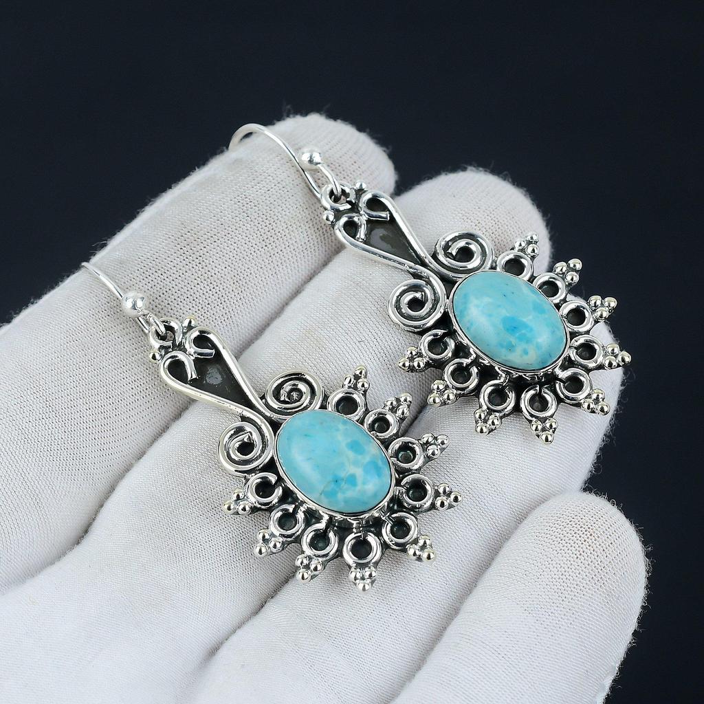 Natural Larimar Gemstone Earring, Larimar Oval Gemstone Earring 925 Sterling Silver Earring, Larimar Birthstone Earring Women's Earring