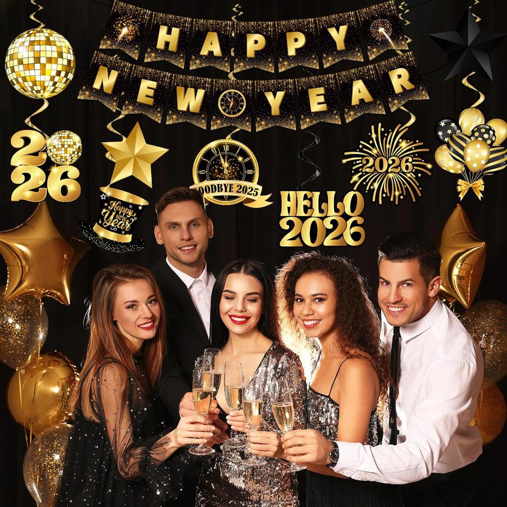 Happy New Year Decorations 2026, Black Gold Happy New Year Banner and New Years Hanging Swirls,New Years Eve Party Supplies Hanging Decoration for