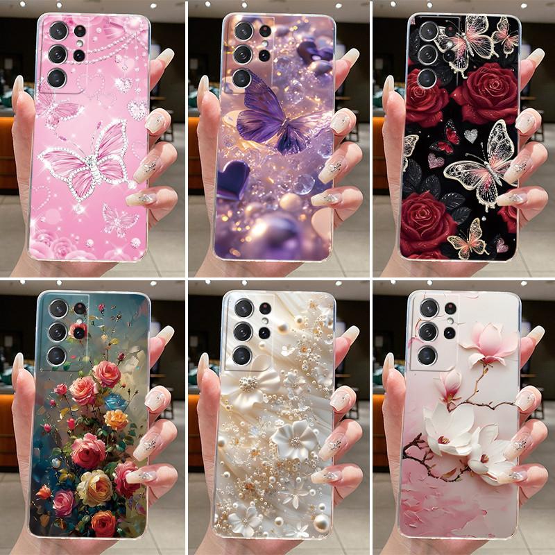 For Samsung S21 Ultra Case Clear Casing Fashion Butterfly Flower Soft TPU Silicone Cover For Samsung Galaxy S20 Ultra Phone Case