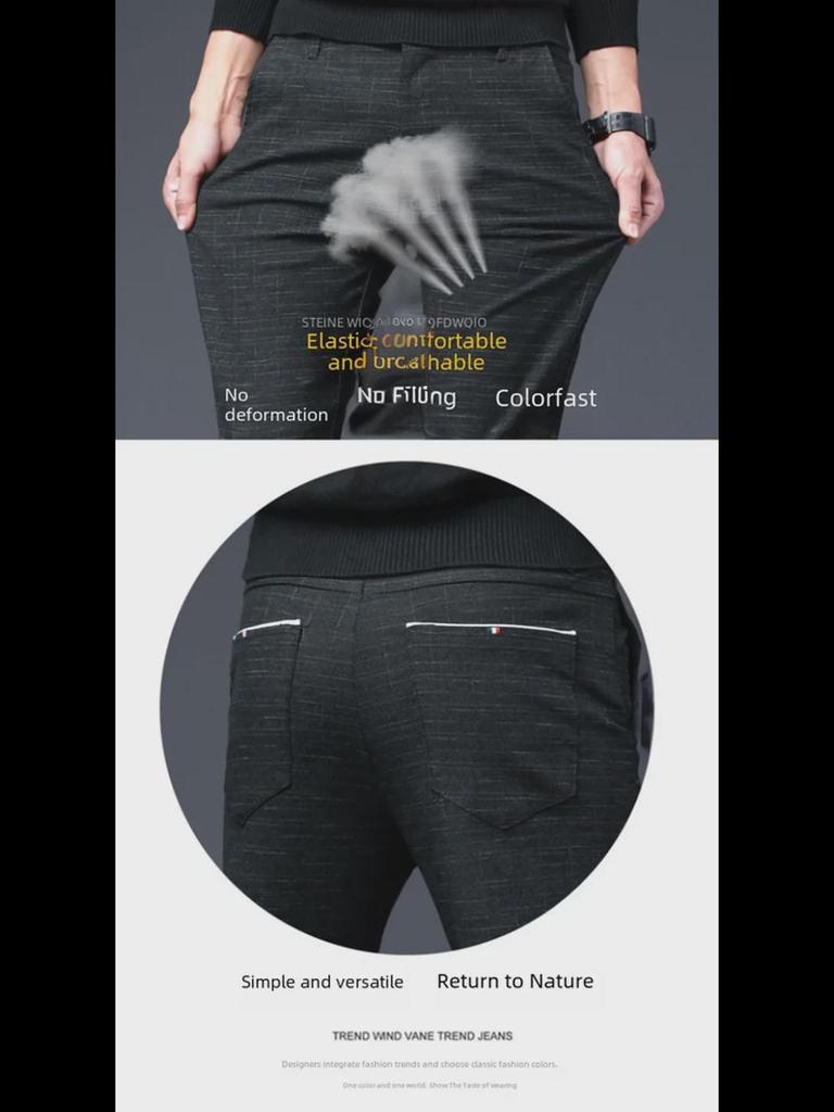 Heren Slim-Fit Zwart Ruit Katoen-Linnen Herfst Casual Wafel Broek