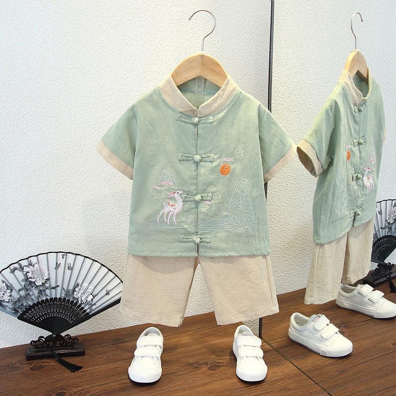 Completo Estivo da Ragazzo a Maniche Corte Stile Cinese per Bambini Hanbok Bello Completo Tang Cotone Lino Sezione Sottile di Abbigliamento Antico