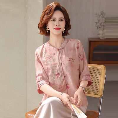2026 Summer Cotton-Linen Mid-Sleeve Chinese Style Shirt for Middle-Aged Women