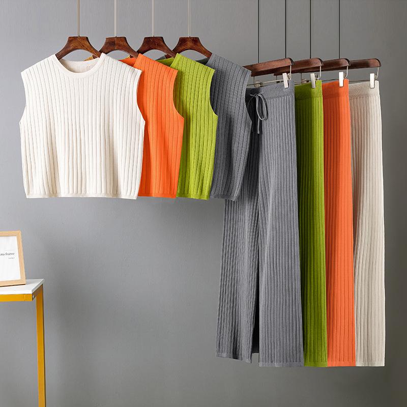 2025 Women Summer Knit 2 Piece Outfits Solid Sleeveless Split Tank Tops Knitted High Waist Wide Leg Pants Set Loungewear Gray