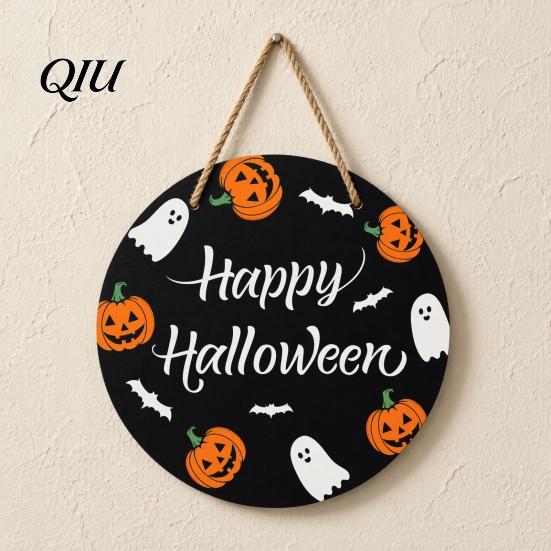 Halloween Welcome Sign Hanging Door Sign, Wooden Front Hanger Wreath, Cute Decoration Ghost for Porch Wall Indoor Home Party