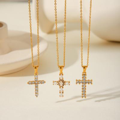 Zirconia Embellished Titanium Steel Cross Pendant Necklace Minimalist Light Luxury Jewelry for Women