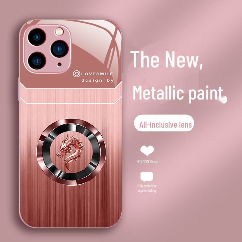 Luxuriöse Ringhülle mit Drachenkopf und Holzmaserung für iPhone 12 Pro, 11, XR, XS, 8, 7. Trendiges Nationaldesign mit doppelten Linienakzenten.